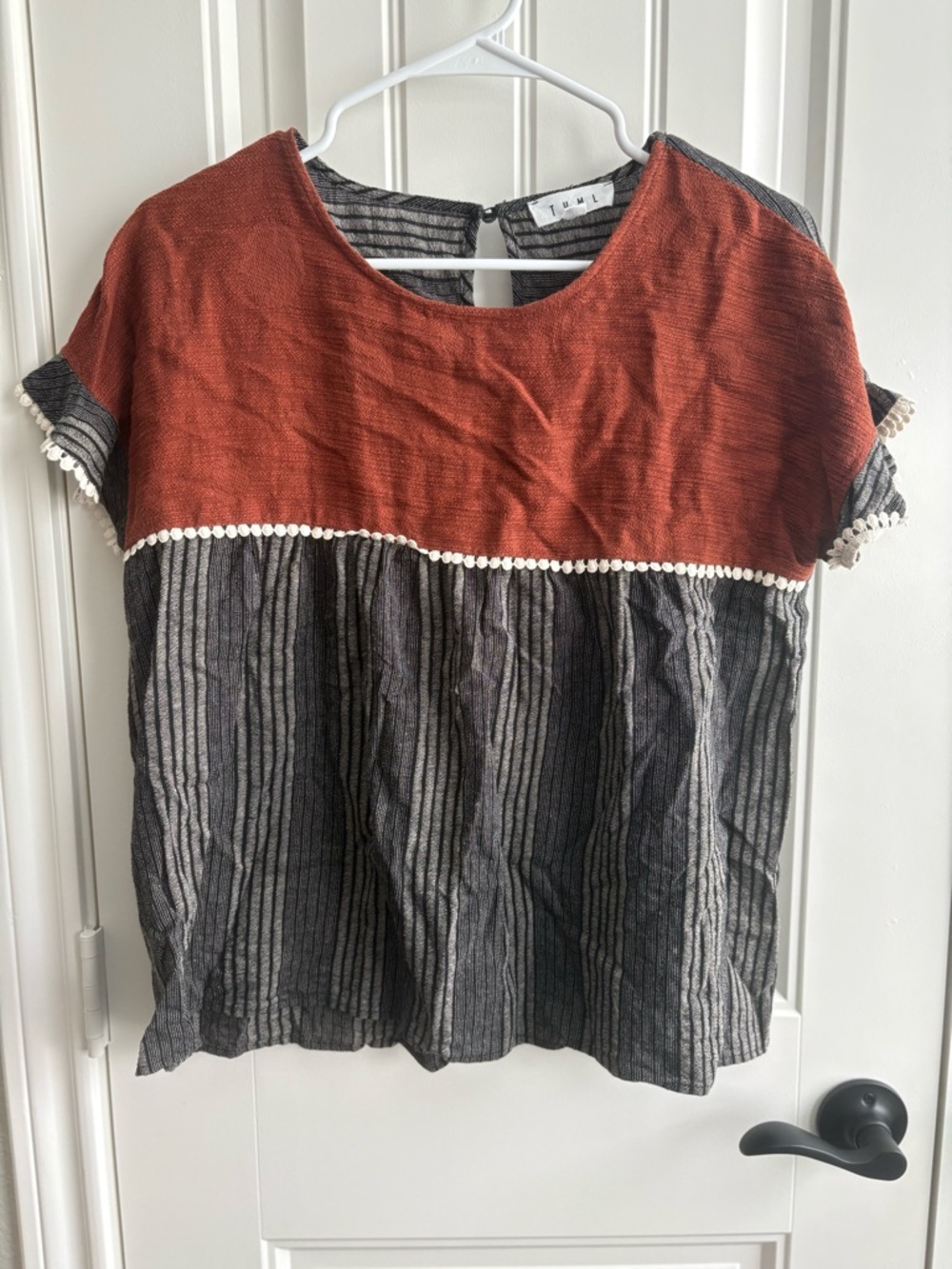 THML Rust and Charcoal Striped Pom-Trim Blouse - Picture 2 of 5